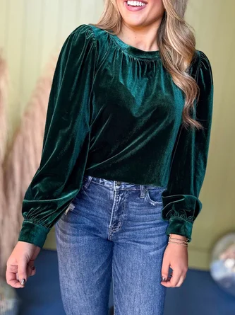 Crew Neck Puff Sleeve Long Sleeve Plain Gathered Regular Micro-Elasticity Loose Tunic Shirt For Women - Image 8