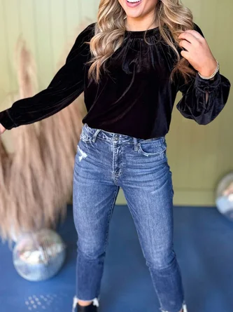 Crew Neck Puff Sleeve Long Sleeve Plain Gathered Regular Micro-Elasticity Loose Tunic Shirt For Women - Image 7