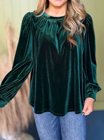Crew Neck Puff Sleeve Long Sleeve Plain Gathered Regular Micro-Elasticity Loose Tunic Shirt For Women - Image 9