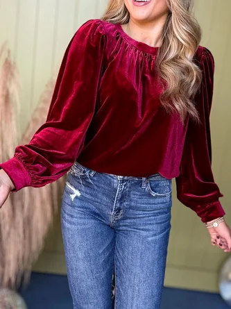 Crew Neck Puff Sleeve Long Sleeve Plain Gathered Regular Micro-Elasticity Loose Tunic Shirt For Women - Image 2