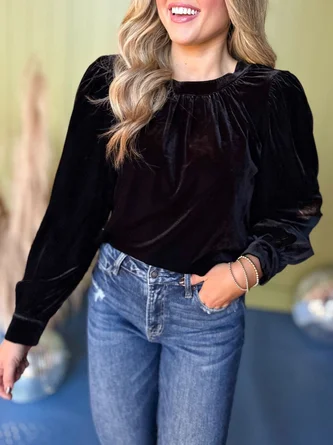 Crew Neck Puff Sleeve Long Sleeve Plain Gathered Regular Micro-Elasticity Loose Tunic Shirt For Women - Image 6