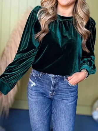 Crew Neck Puff Sleeve Long Sleeve Plain Gathered Regular Micro-Elasticity Loose Tunic Shirt For Women - Image 10