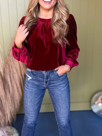 Crew Neck Puff Sleeve Long Sleeve Plain Gathered Regular Micro-Elasticity Loose Tunic Shirt For Women - Image 4