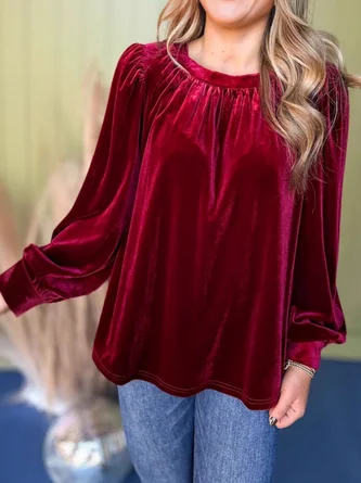 Crew Neck Puff Sleeve Long Sleeve Plain Gathered Regular Micro-Elasticity Loose Tunic Shirt For Women - Image 3