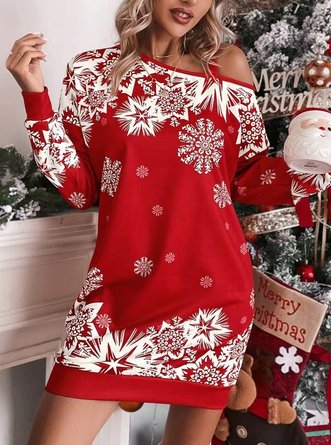 Women Christmas Spring/Fall Printing Dress Cold Shoulder Long Sleeve Hip Skirt A-Line Dress - Image 2