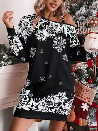 Women Christmas Spring/Fall Printing Dress Cold Shoulder Long Sleeve Hip Skirt A-Line Dress - Image 3