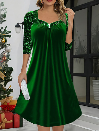 Women Plain Summer Dress Square Neck Half Sleeve A-Line Dress - Image 3