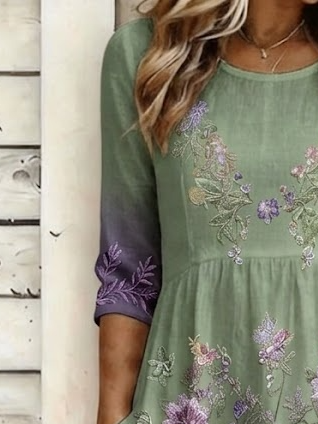 Women Floral Summer Dress Crew Neck Half Sleeve H-Line Dress - Image 2