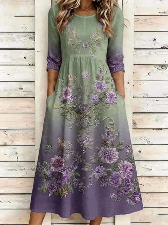 Women Floral Summer Dress Crew Neck Half Sleeve H-Line Dress