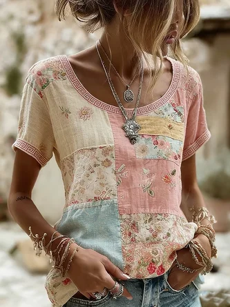 Casual Floral Crew Neck Short Sleeve T-shirt