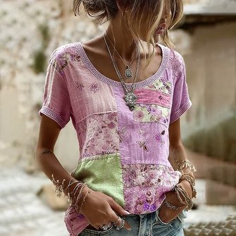 Casual Floral Crew Neck Short Sleeve T-shirt - Image 4