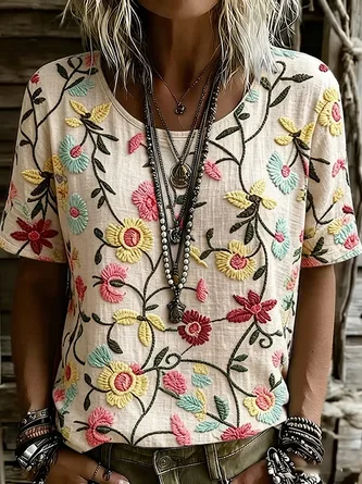 Vintage Floral Crew Neck Short Sleeve T-shirt