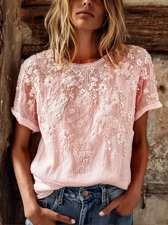 Casual Floral Crew Neck Short Sleeve T-shirt