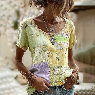 Casual Floral Crew Neck Short Sleeve T-shirt - Image 5