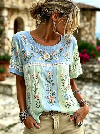 Casual Floral Crew Neck Short Sleeve T-shirt 2 Casual Floral Crew Neck Short Sleeve T-shirt - Image 2