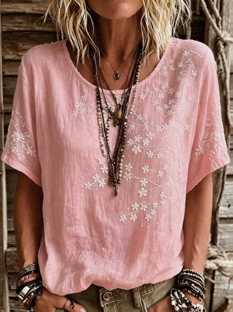 Vintage Floral Crew Neck Short Sleeve T-shirt - Image 3