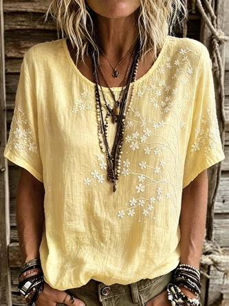 Vintage Floral Crew Neck Short Sleeve T-shirt - Image 4