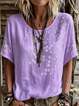Vintage Floral Crew Neck Short Sleeve T-shirt - Image 5