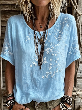 Vintage Floral Crew Neck Short Sleeve T-shirt - Image 2