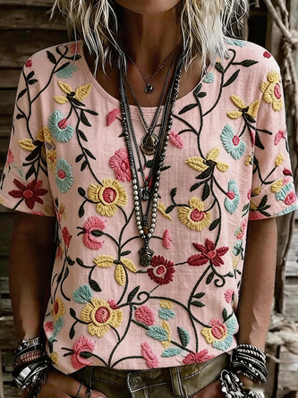 Vintage Floral Crew Neck Short Sleeve T-shirt - Image 2