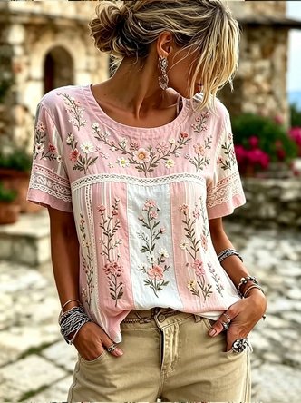 Casual Floral Crew Neck Short Sleeve T-shirt 1 Casual Floral Crew Neck Short Sleeve T-shirt