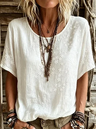 Vintage Floral Crew Neck Short Sleeve T-shirt