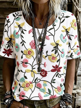Vintage Floral Crew Neck Short Sleeve T-shirt - Image 3