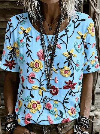 Vintage Floral Crew Neck Short Sleeve T-shirt - Image 4