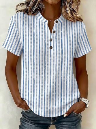 V Neck Short Sleeve Striped Printing Regular Micro Elasticity Regular Fit Shirt