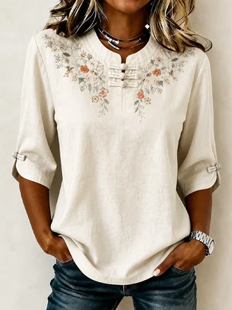 Mandarin Collar Half Sleeve Floral Printing Lightweight Micro Elasticity Regular Fit Blouse
