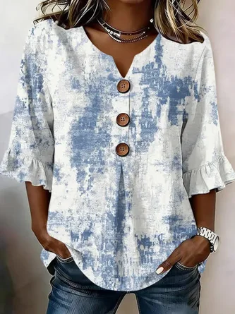 V Neck Half Sleeve Abstract Printing Regular Micro Elasticity Regular Fit Blouse
