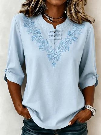 Mandarin Collar Half Sleeve Floral Printing Lightweight Micro-Elasticity Regular Fit Blouse For Women 1 Mandarin Collar Half Sleeve Floral Printing Lightweight Micro-Elasticity Regular Fit Blouse For Women