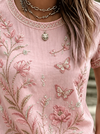 Vintage Floral Crew Neck Short Sleeve T-shirt - Image 3