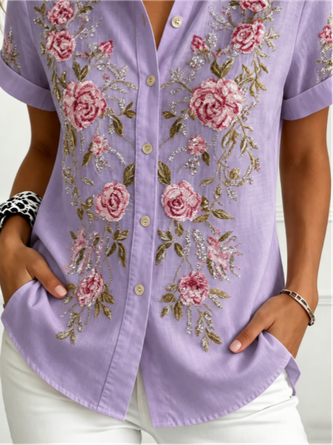 Shirt Collar Short Sleeve Floral Printing Regular Regular Fit Shirt For Women - Image 3