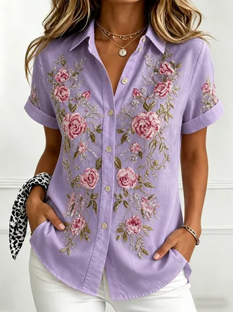 Shirt Collar Short Sleeve Floral Printing Regular Regular Fit Shirt For Women