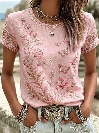 Vintage Floral Crew Neck Short Sleeve T-shirt