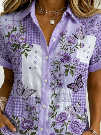 Shirt Collar Short Sleeve Floral Printing Regular Regular Fit Shirt For Women - Image 3
