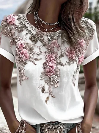 Vintage Floral Crew Neck Short Sleeve T-shirt 4 Vintage Floral Crew Neck Short Sleeve T-shirt - Image 4
