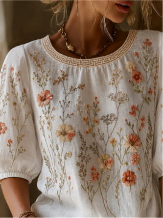 Crew Neck Half Sleeve Floral Printing Regular Micro-Elasticity Loose Blouse For Women - Image 2