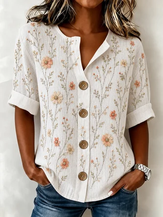 Stand Collar Three Quarter Sleeve Floral Regular Loose Shirt