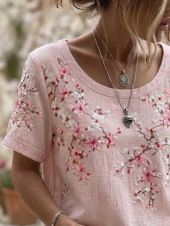 Casual Floral Crew Neck Short Sleeve T-shirt - Image 2