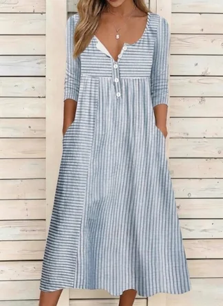 Striped Summer Dress Half Open Collar Half Sleeve Line Dress