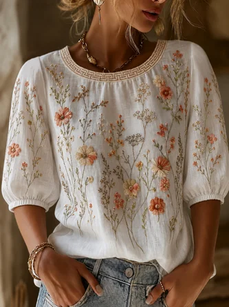 Crew Neck Half Sleeve Floral Printing Regular Micro-Elasticity Loose Blouse For Women