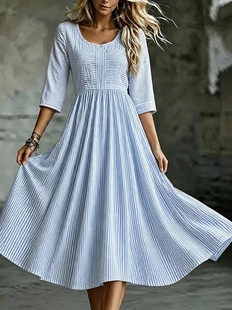 Striped Summer Dress Crew Neck Half Sleeve H Line Dress