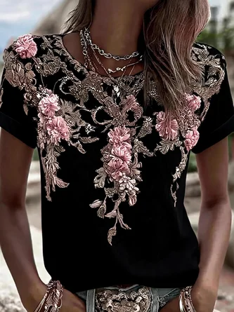 Vintage Floral Crew Neck Short Sleeve T-shirt 3 Vintage Floral Crew Neck Short Sleeve T-shirt - Image 3