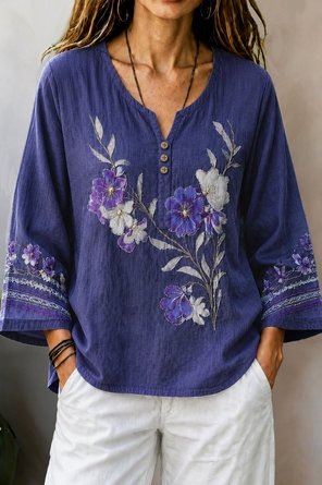Crew Neck Long Sleeve Floral Regular Micro Elasticity Loose Blouse