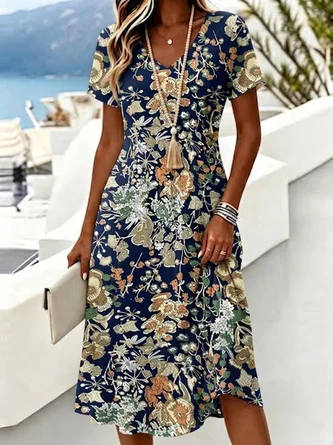 Floral Summer Dress V Neck Short Sleeve Line Dress