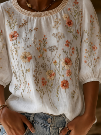 Crew Neck Half Sleeve Floral Printing Regular Micro-Elasticity Loose Blouse For Women - Image 3
