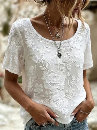 Casual Floral Crew Neck Short Sleeve T-shirt 1 Casual Floral Crew Neck Short Sleeve T-shirt