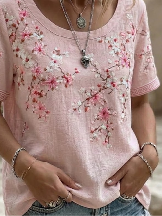 Casual Floral Crew Neck Short Sleeve T-shirt - Image 3